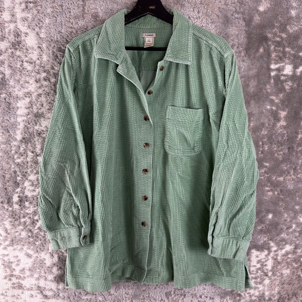 L.L. Bean Size 1X Corduroy Button Up Shirt Jacket Green Long Sleeve Women - Picture 1 of 7